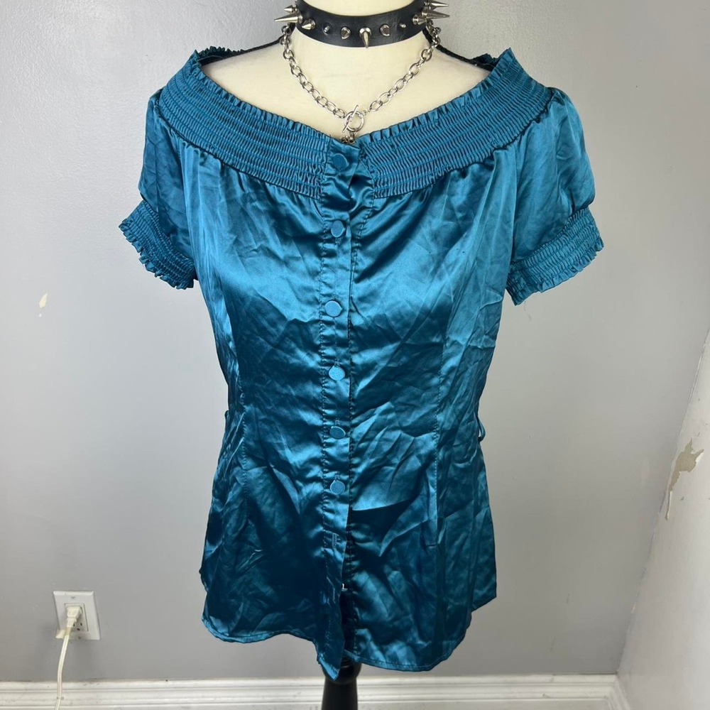 Off the shoulder blue satin